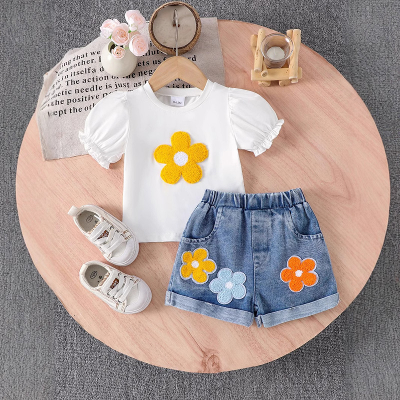 Flower puff sleeve short-sleeved T-shirt