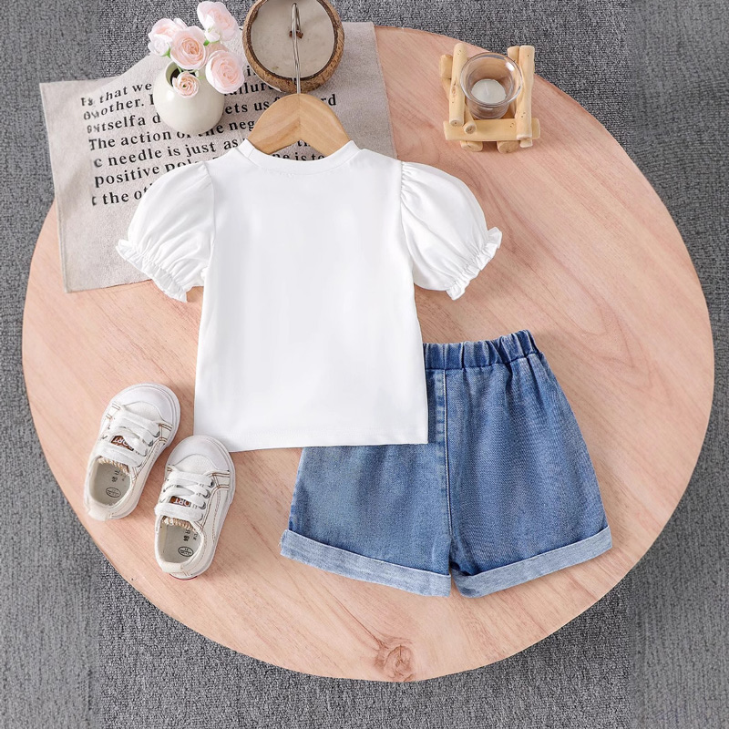 Flower puff sleeve short-sleeved T-shirt